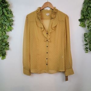 NWT Cremieux Textured Embroidered Ruffle Sheer Button Up Saffron Blouse, Large